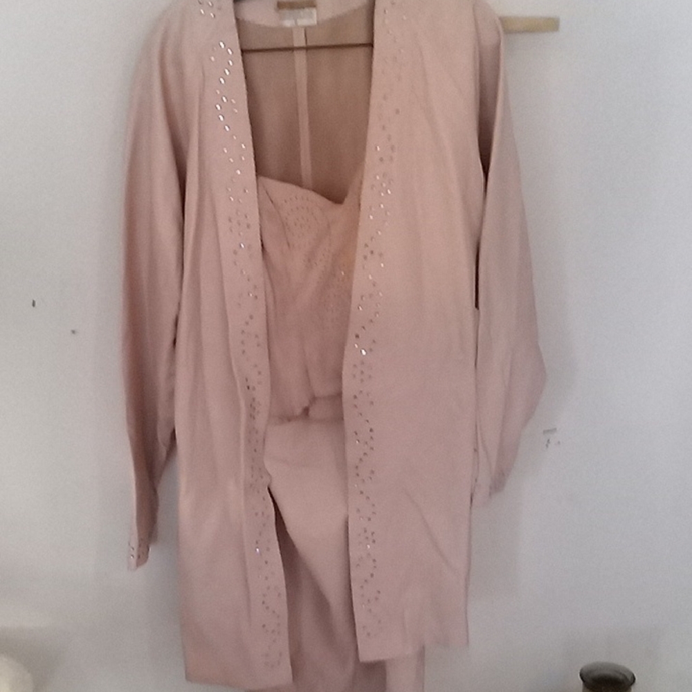 80 Vintage Women's 3 Pc Leather  Suede  Set in Blush Pink with Embellished Trim